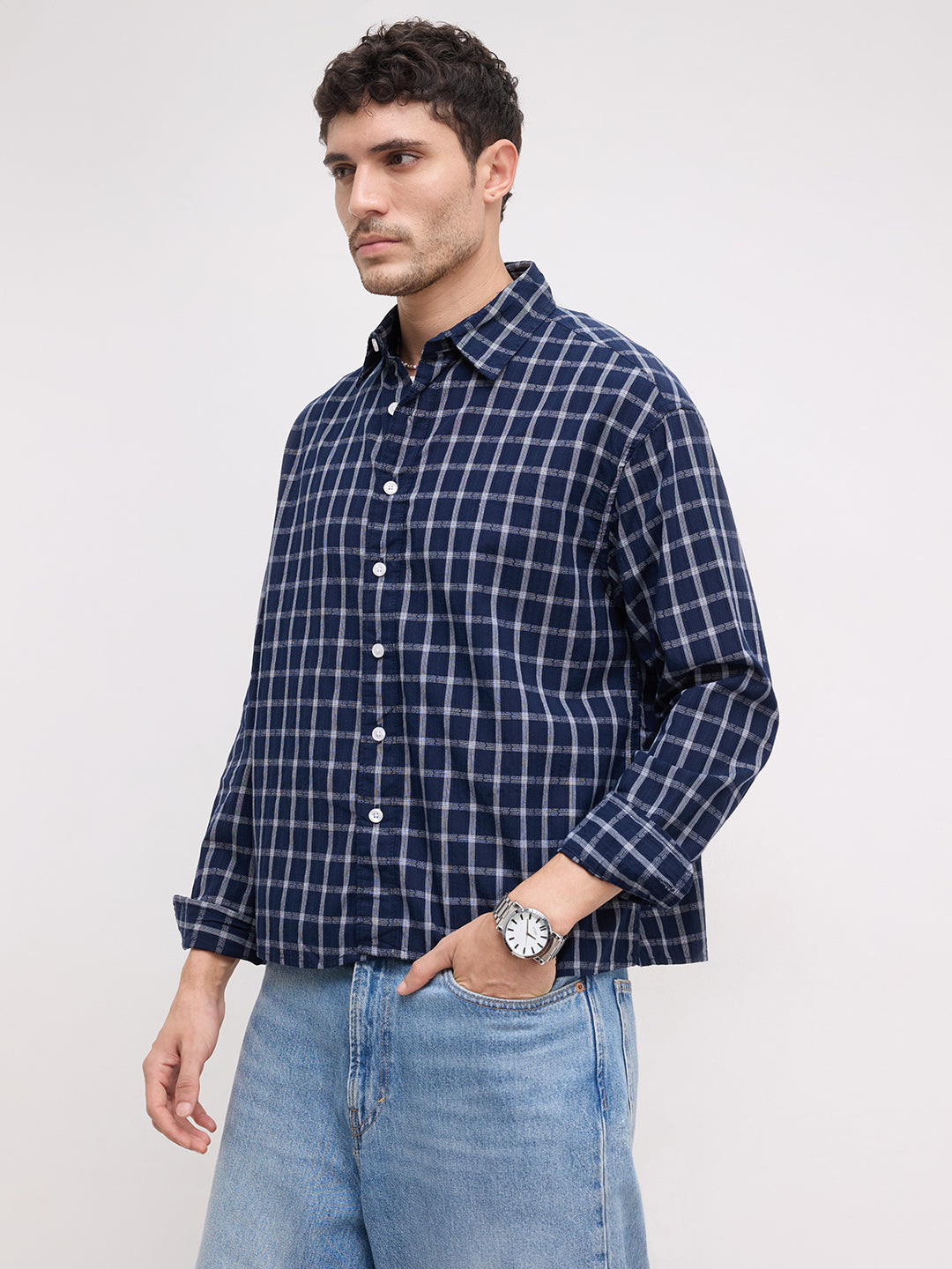 Elevated Navy Heathered Checks Boxy Fit Crop Shirt
