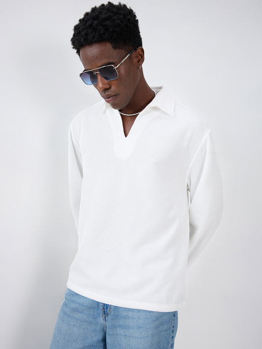 Snow White Refined Textured Knitted Oversized Polo Shirt