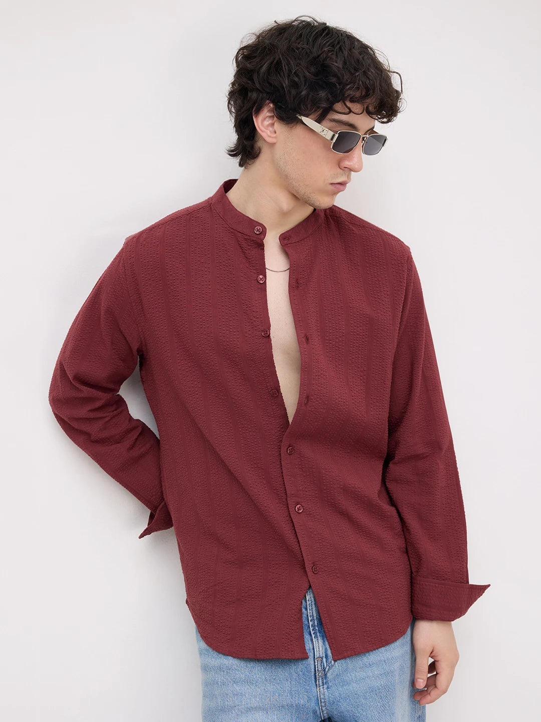 Brick Red Seersucker Striped Mandarin Shirt