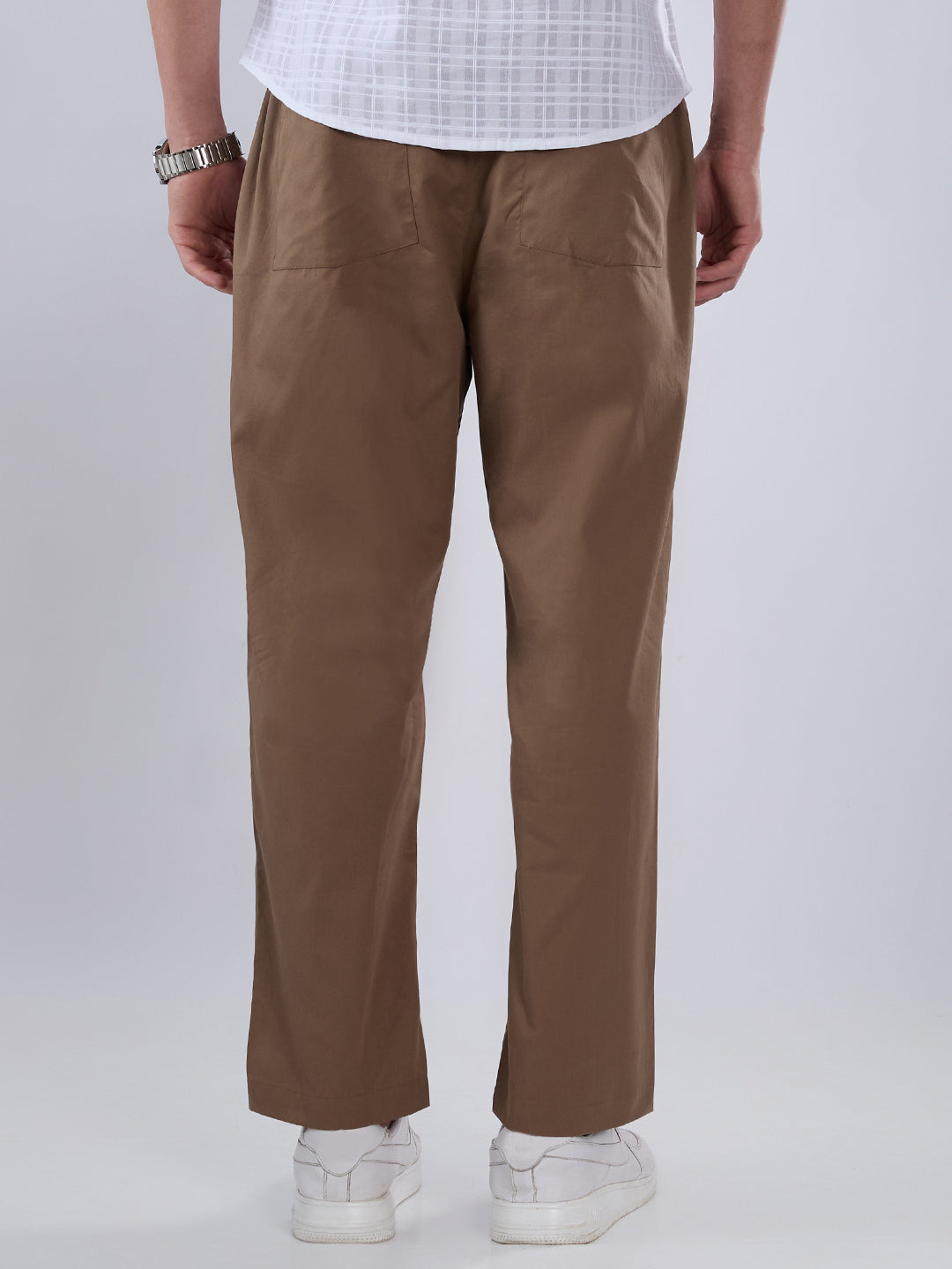 Solid Brown Tapered Trousers