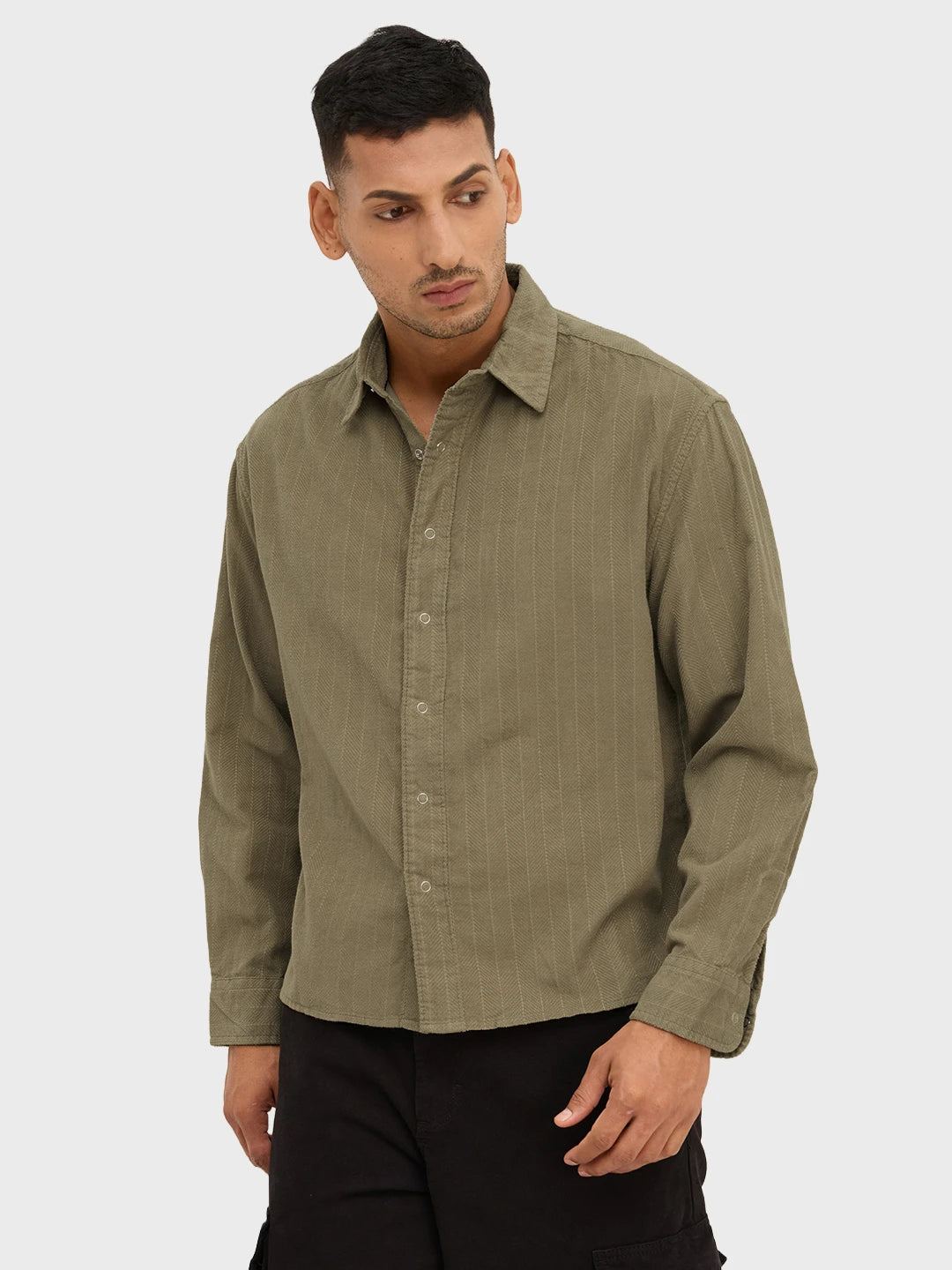 Luxe Olive Herringbone Corduroy Boxy Fit Crop Winter Shirt