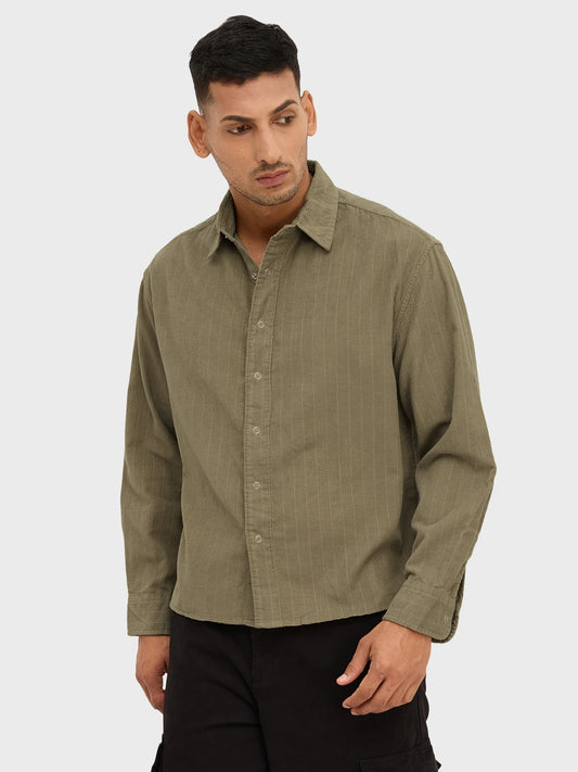 Luxe Olive Herringbone Corduroy Boxy Fit Crop Winter Shirt