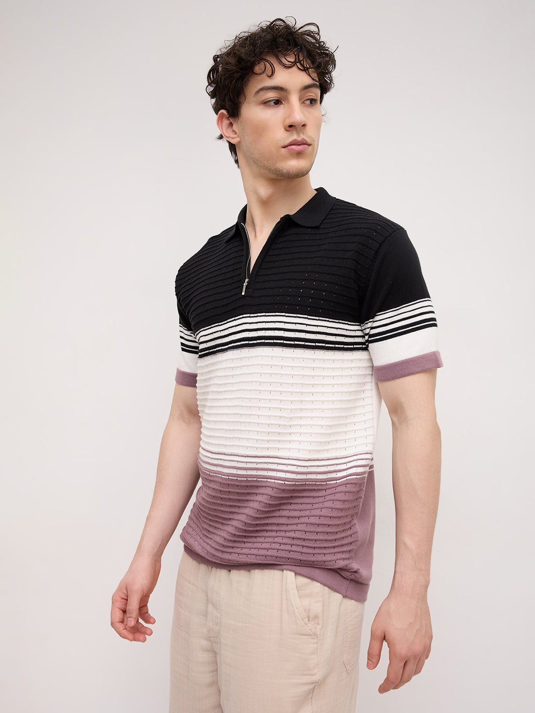 Twilight Horizon Panel Weave Zip Knit Polo T-Shirt