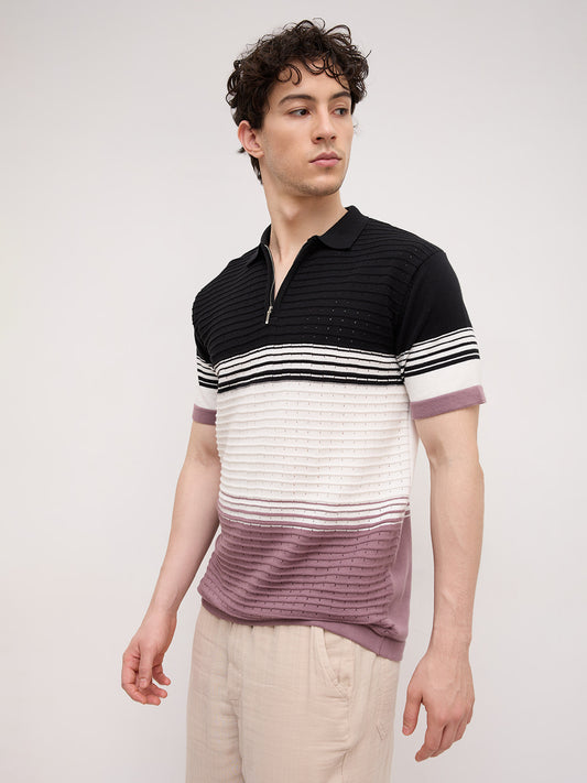 Twilight Horizon Panel Weave Zip Knit Polo T-Shirt