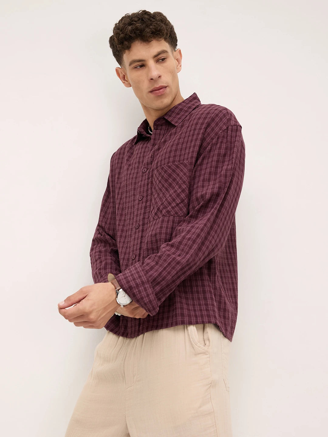 Rich Maroon Windowpane Checks Boxy Fit Crop Shirt