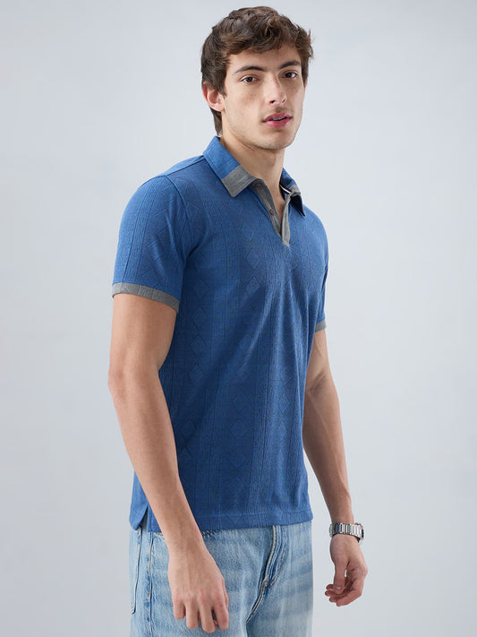 Denim Blue Constrast Polo Neck Knit T-shirt