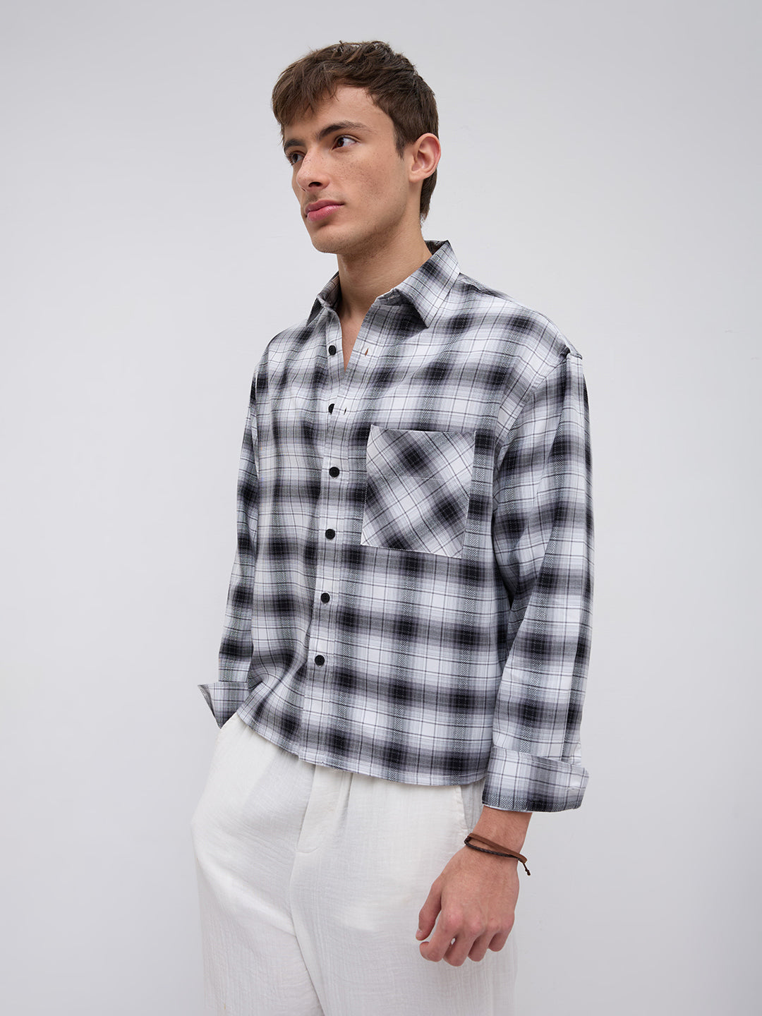 Black & White Tartanique Checked Boxy Fit Crop Shirt