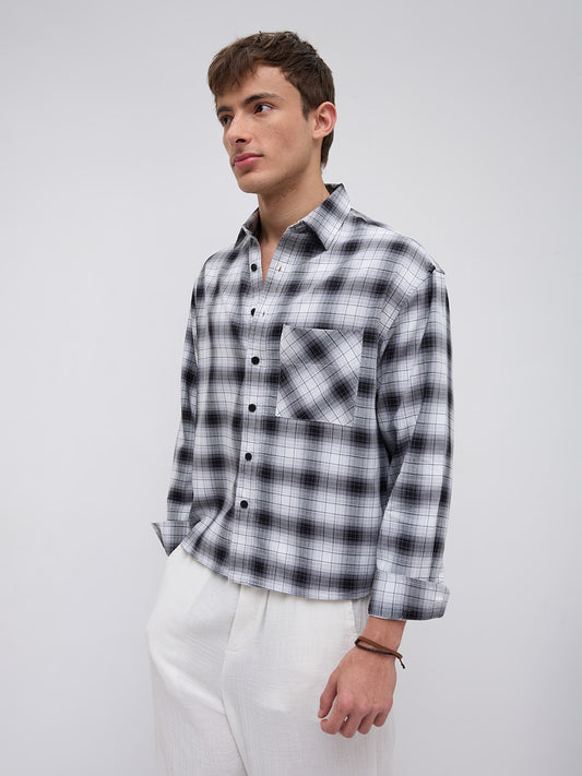 Black & White Tartanique Checked Boxy Fit Crop Shirt