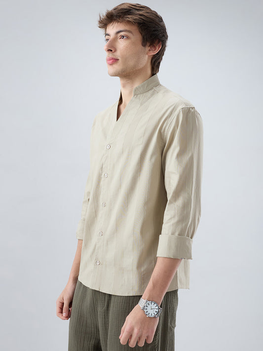 Sandstone Khaki Panel Textured Stand Collar Oversized Shirt