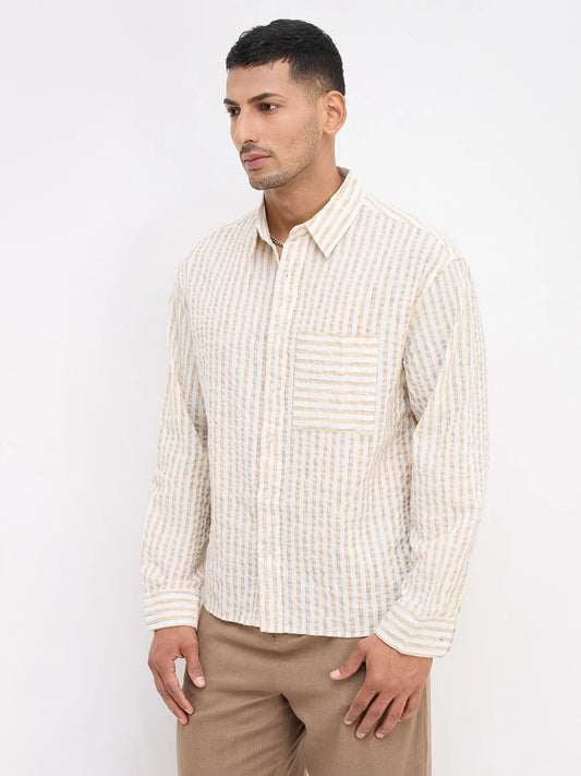Beige & Ivory Seersucker Candy Striped Boxy Fit Crop Shirt
