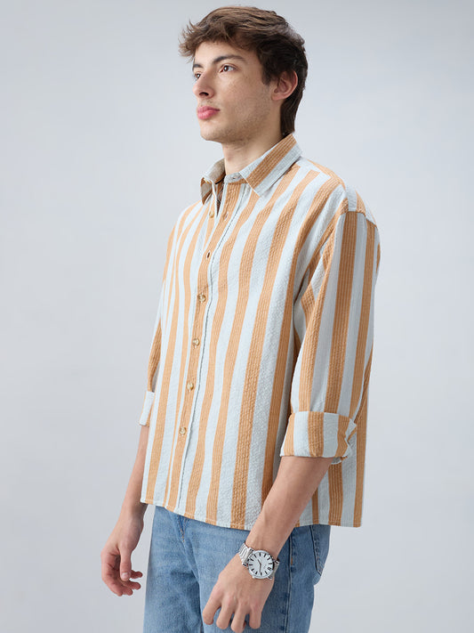 Orange & Blue Seersucker Awning Stripe Boxy Fit Crop Shirt