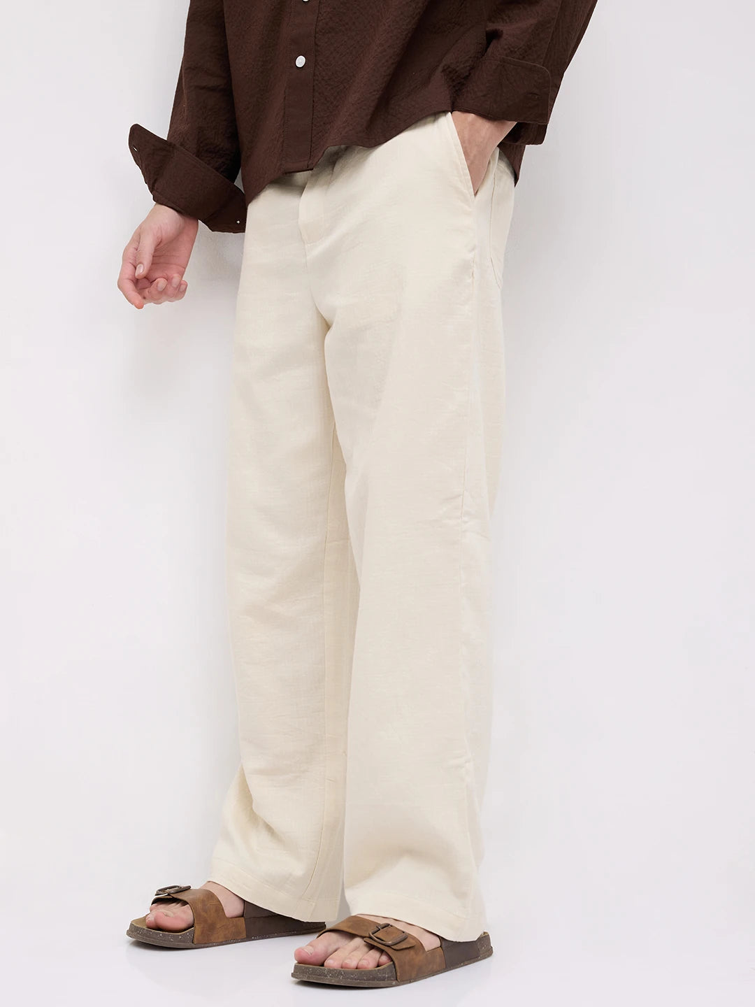 Cream Herringbone Textured Straight Fit Trousers