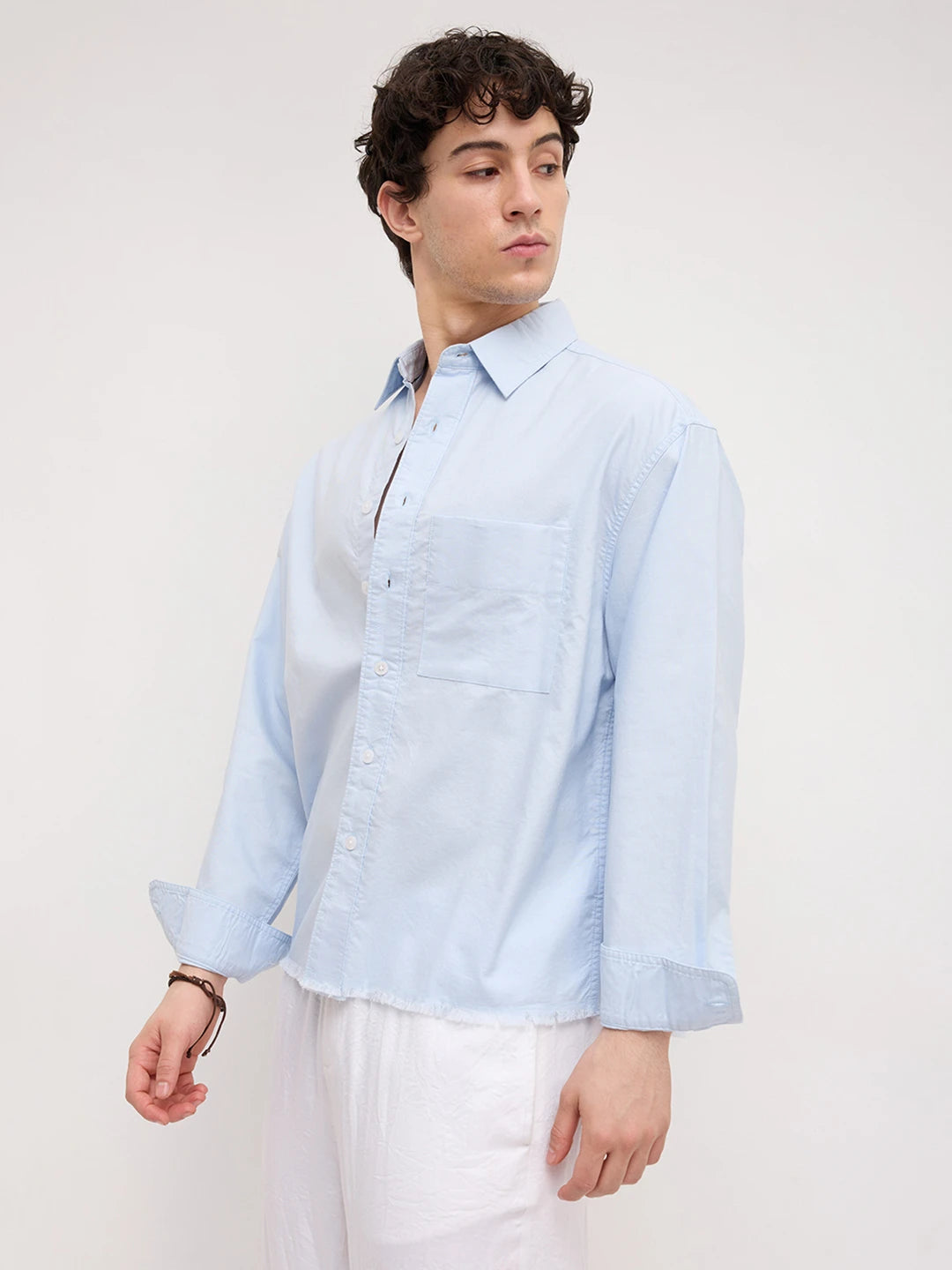 Carolina Blue Fine Textured Frayed Boxy Fit Crop Shirt