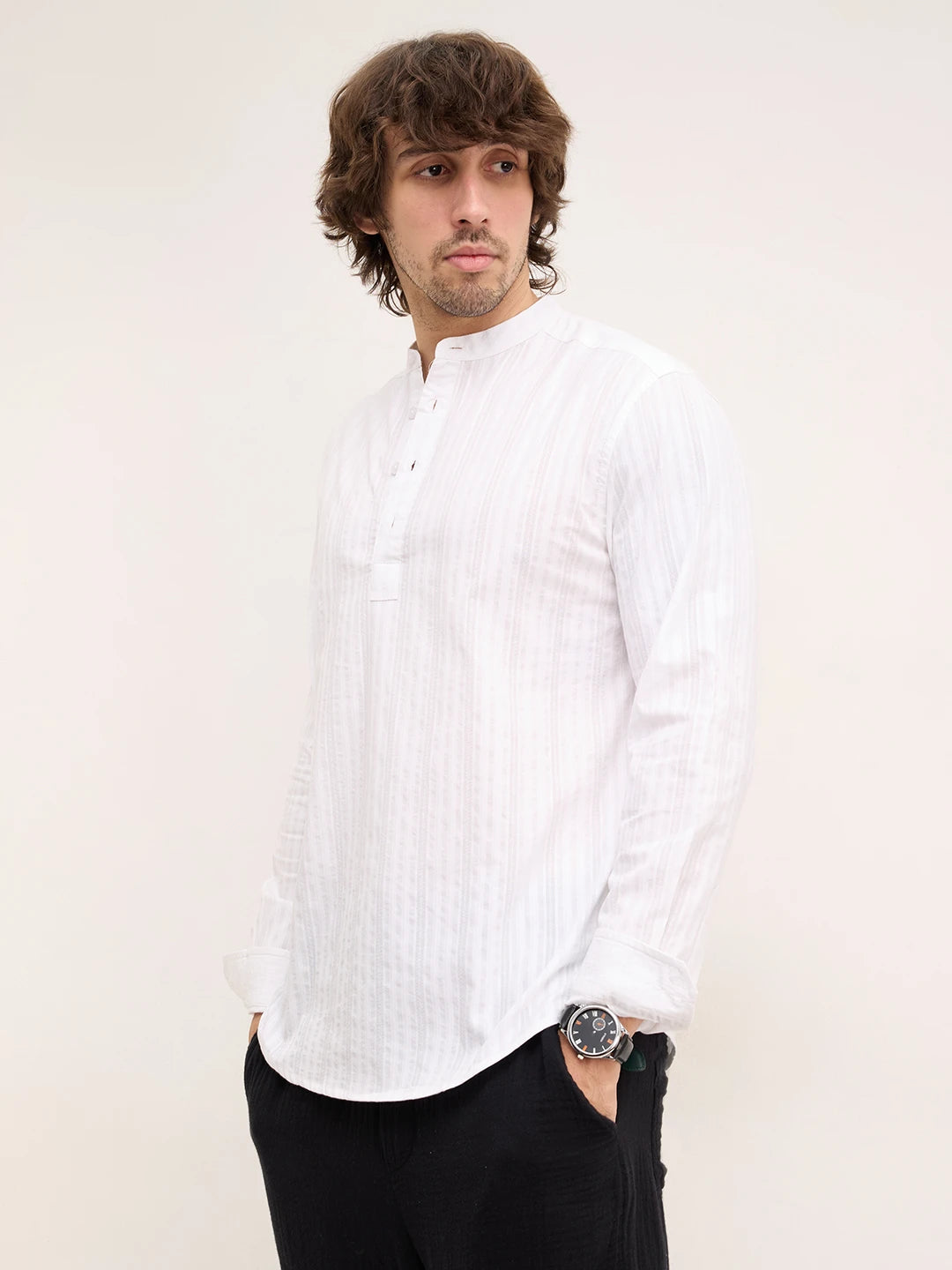 Frost White Diamond Striped Weave Kurta