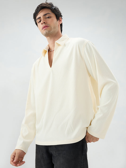 Pastel Cream Precision Rib Striped Oversized Polo Knitted Shirt