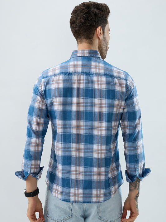 Premium Powder Blue Plaid Checks Denim Textured Shirt