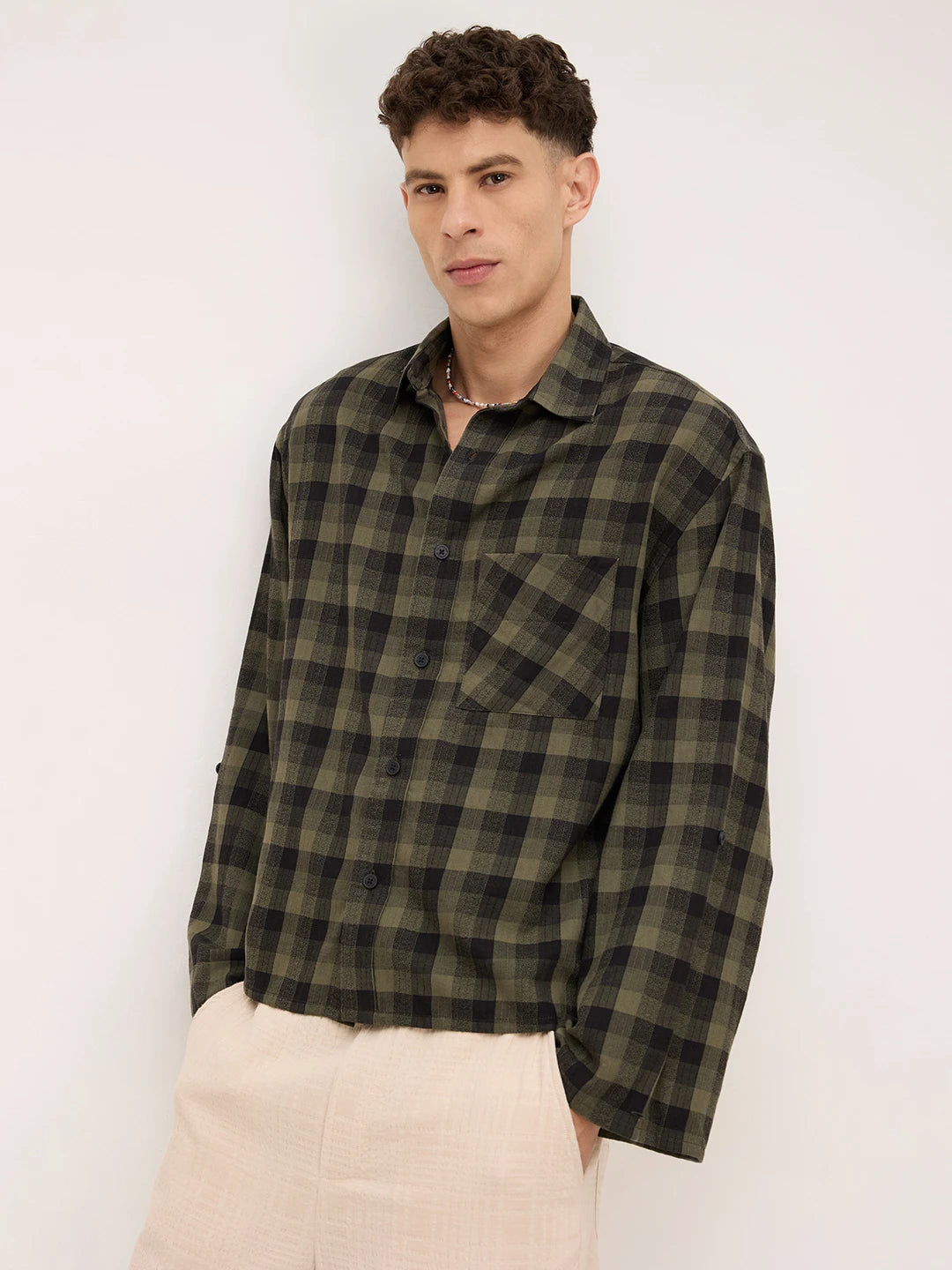 Luxe Green & Black Square Checks Cuffless Oversized Crop Shirt