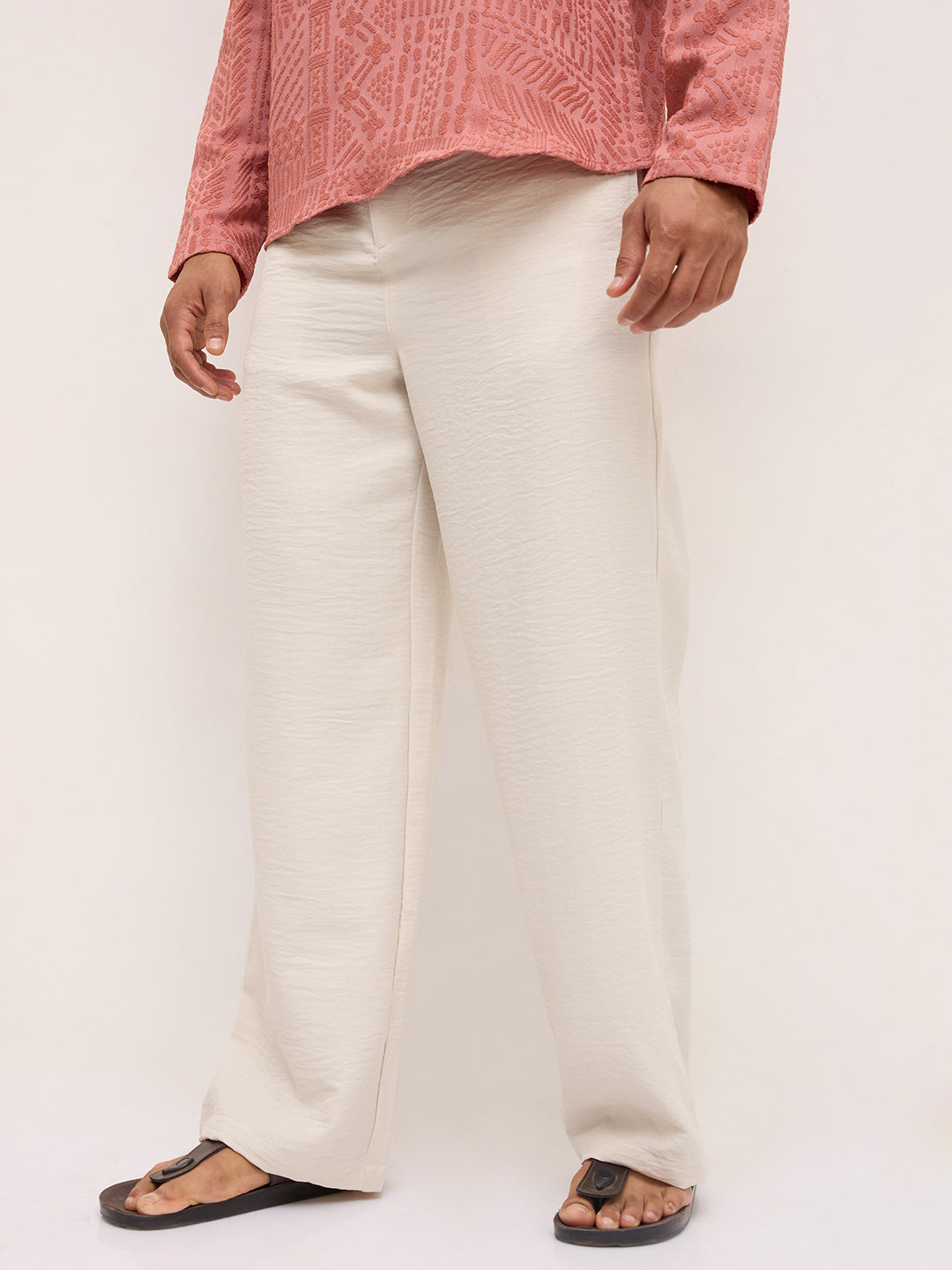 Natural Cream Fine Twill Weave Wide Leg Trousers