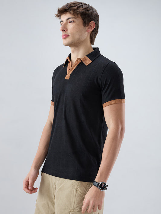 Rich Black Contrast Polo Neck Diamond Weave Knit T-shirt