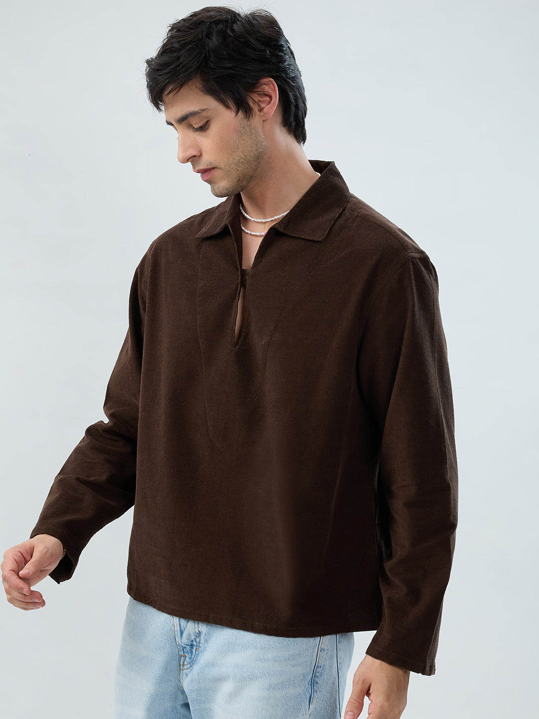 Carob Brown Corduroy Cuffless Oversized Shirt
