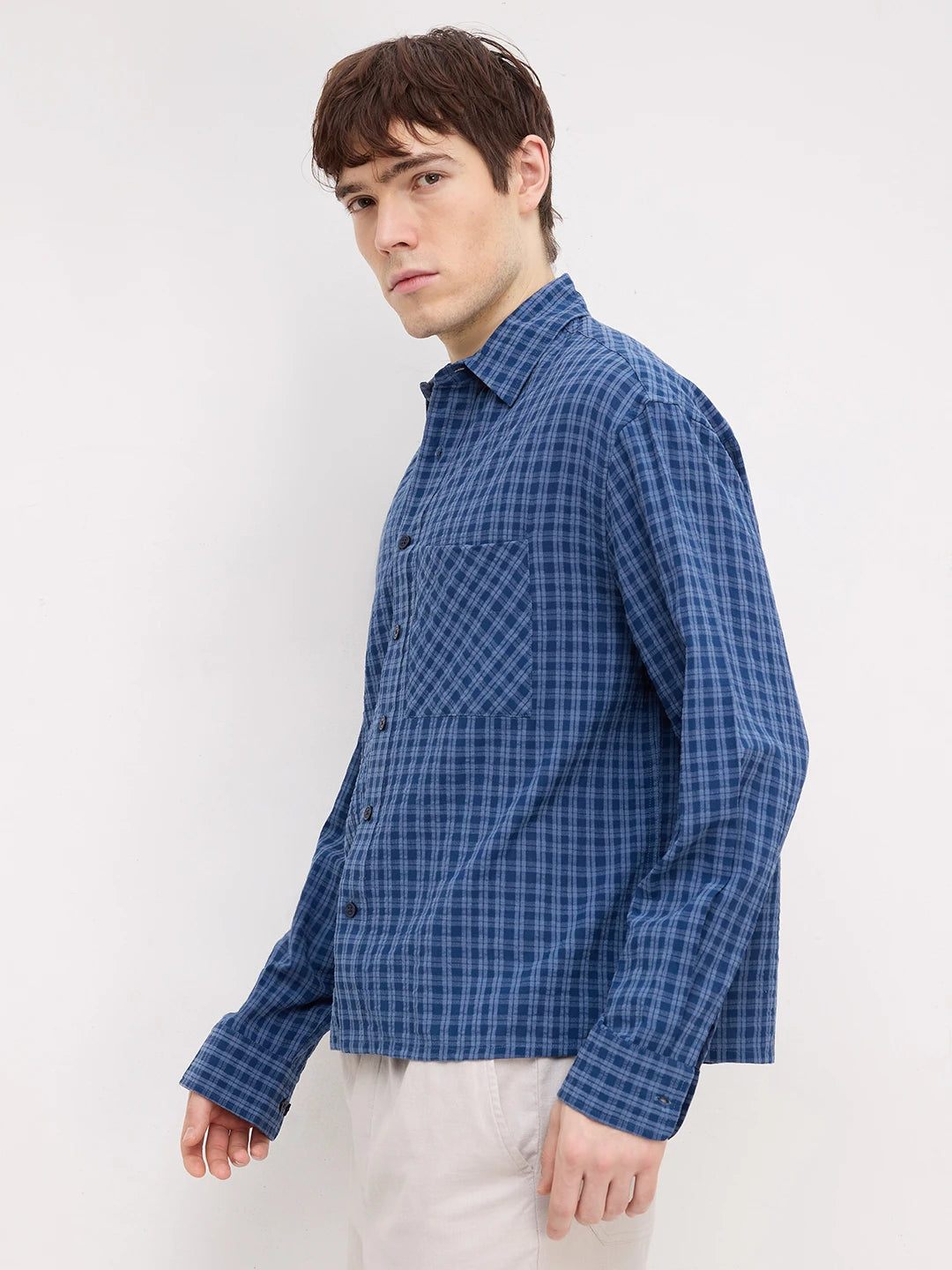 Prussian Blue Atelier Checked Boxy Fit Crop Shirt