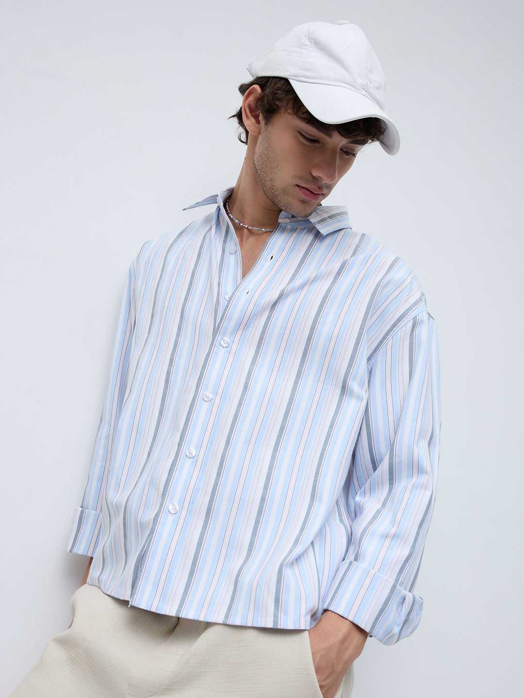 Sea Breeze Multi Stripe Weave Boxy Fit Crop Shirt