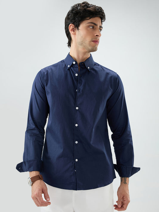 Navy Satin Luxe Button-Down Collar Shirt