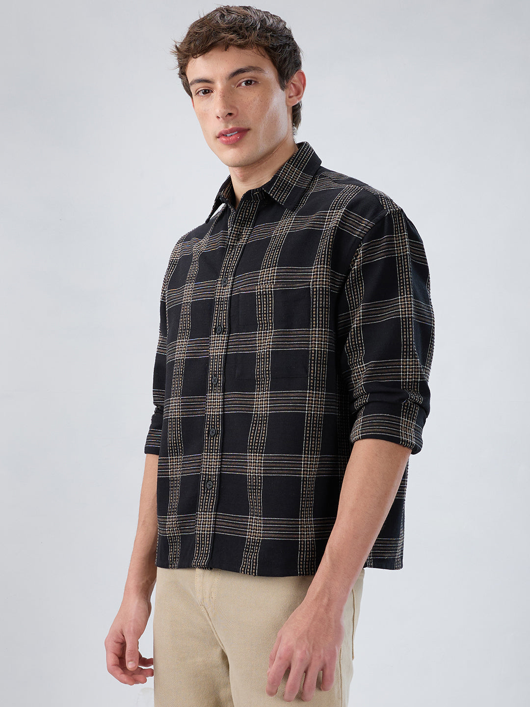 Black & Brown Contrast Panel Checks Boxy Fit Crop Shirt