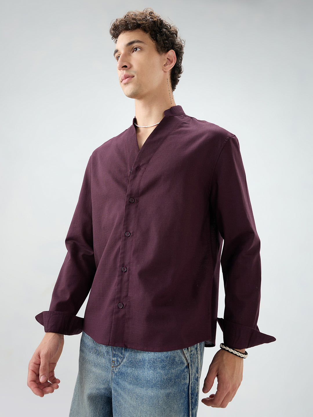 Maroon Fine Weave Oversized Stand Collar Shirt