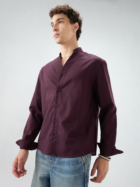 Maroon Fine Weave Oversized Stand Collar Shirt