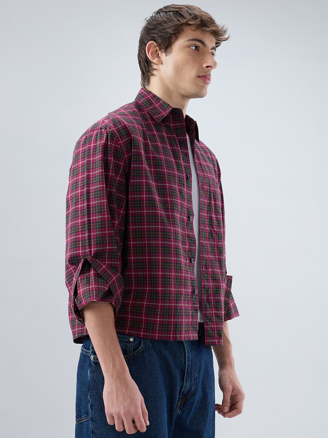 Pink & Olive Plaid Checks Cuffless Oversized Crop Shirt