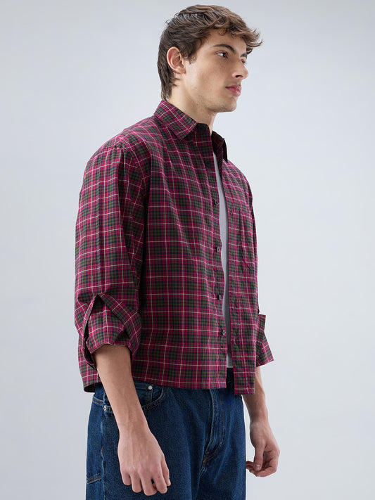 Pink & Olive Plaid Checks Cuffless Oversized Crop Shirt