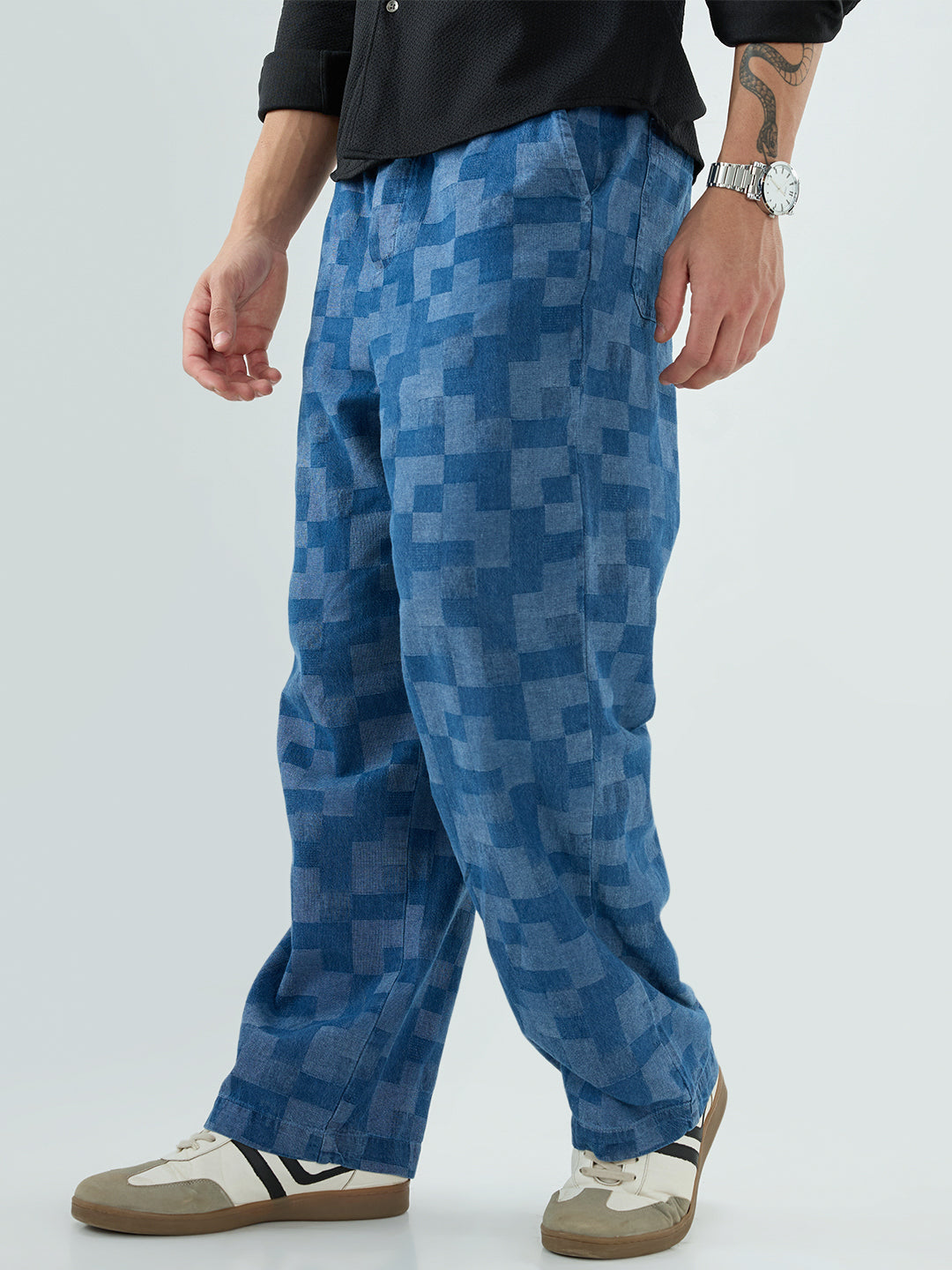 Elegant Denim Blue Box Checks Acid Wash Straight-Fit Trousers