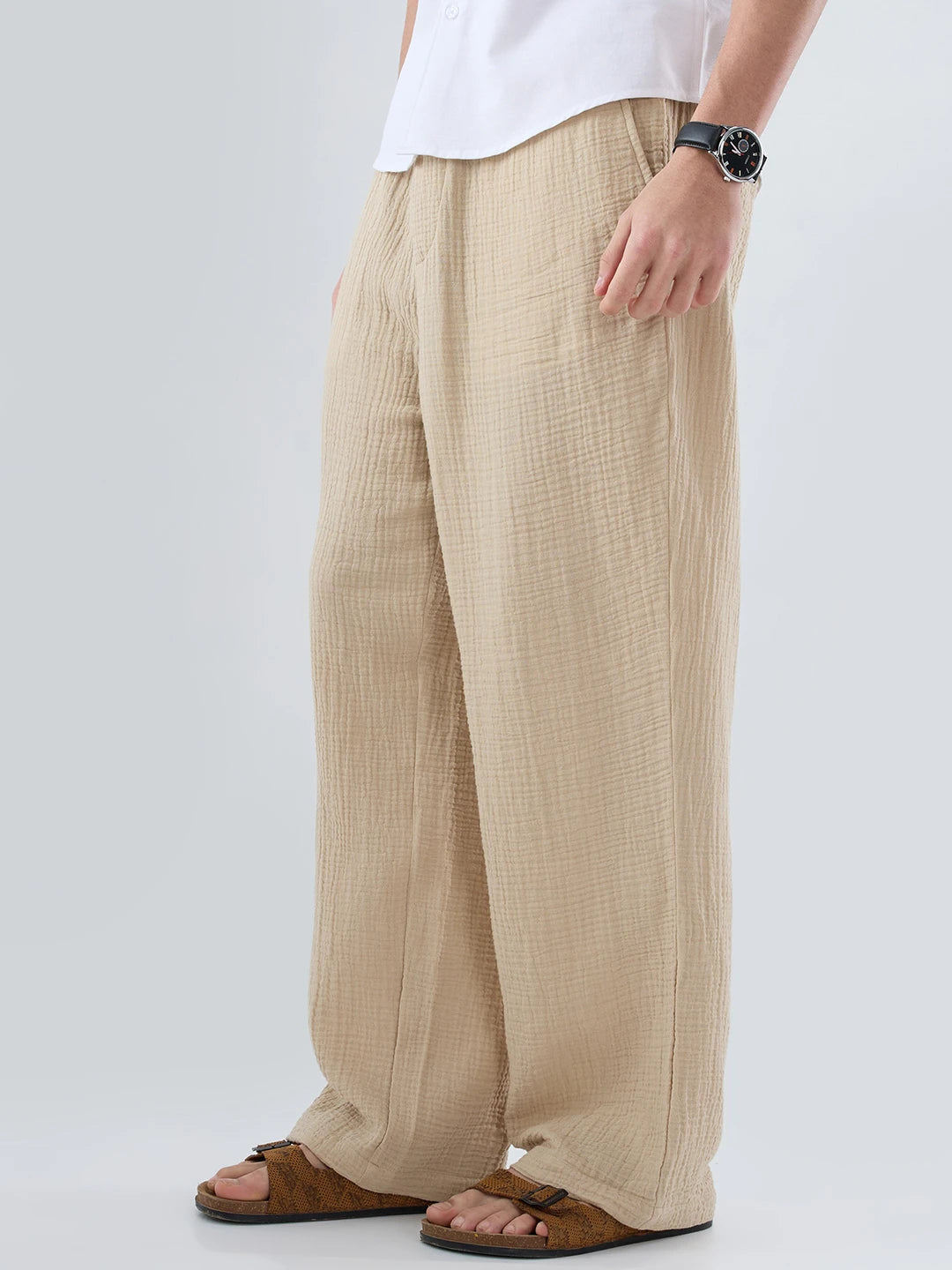 Tuscan Beige Double Cloth Straight Fit Trousers
