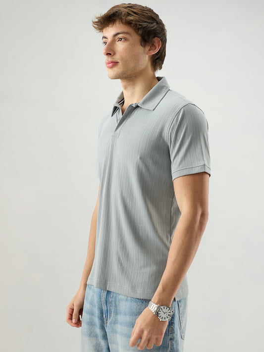 Refined Grey Hairline Striped Polo Knit T-Shirt
