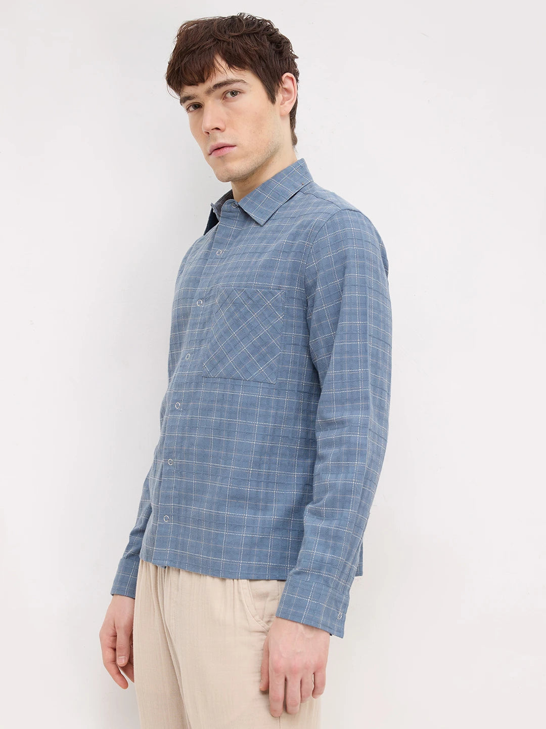 Blue Loomscape Checks Straight Hem Crop Shirt
