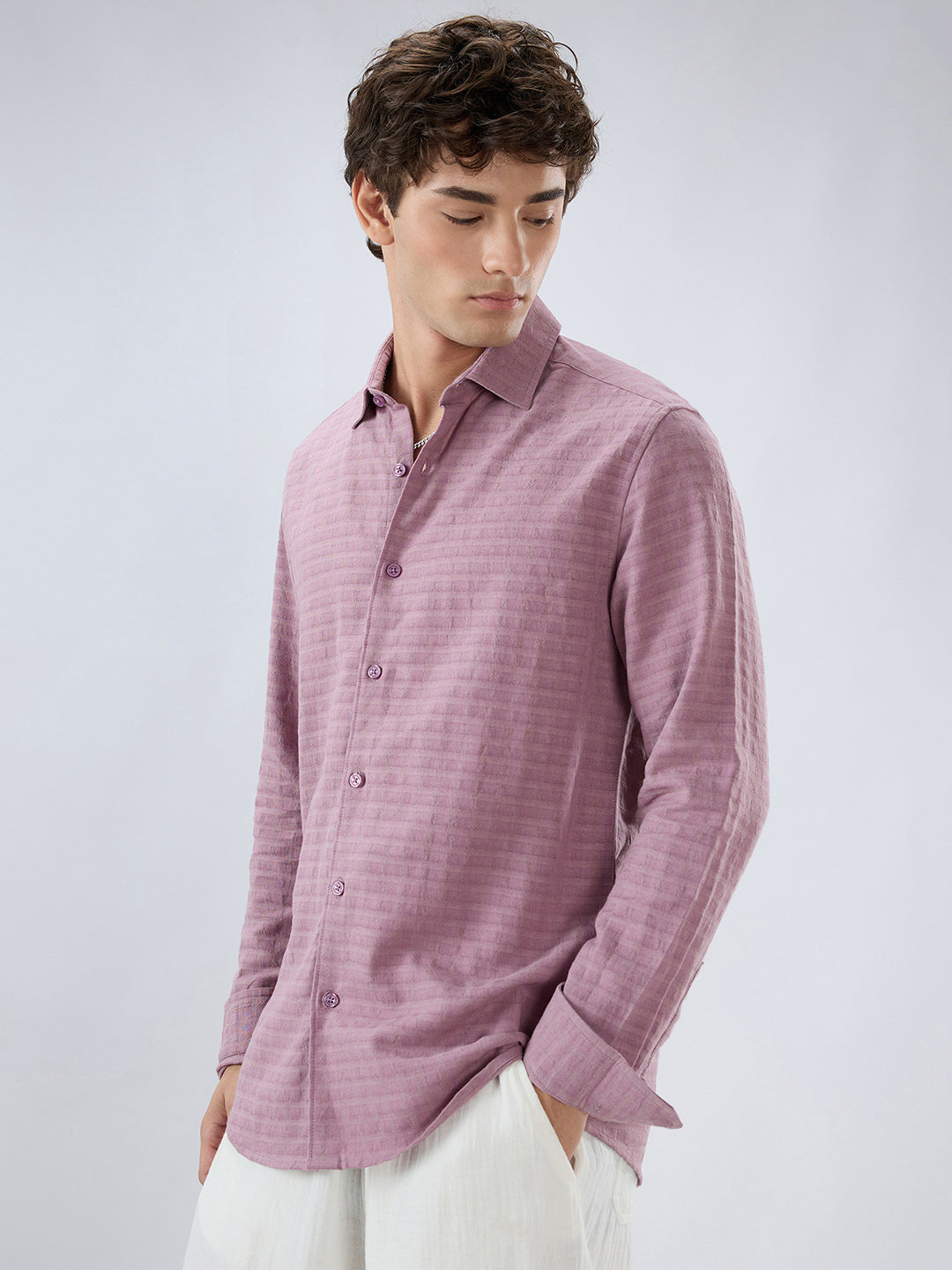 Dusty Rose Horizontal Textured Striped Shirt