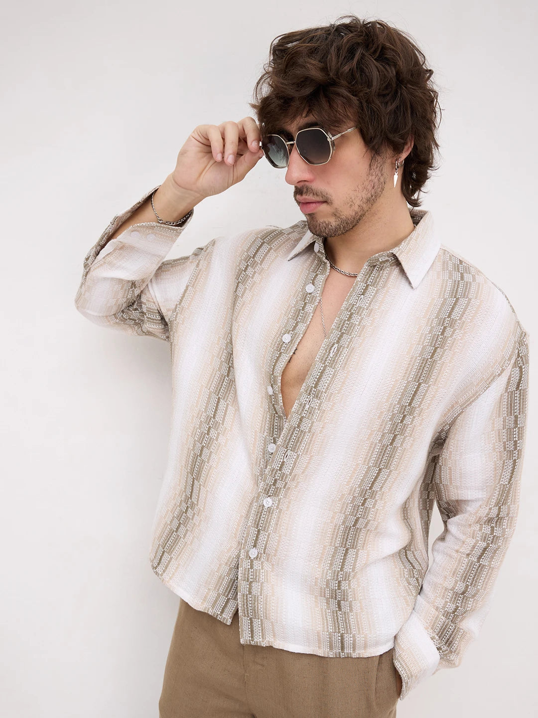 Beige & Olive Interlock Loom Striped Boxy Fit Crop Shirt