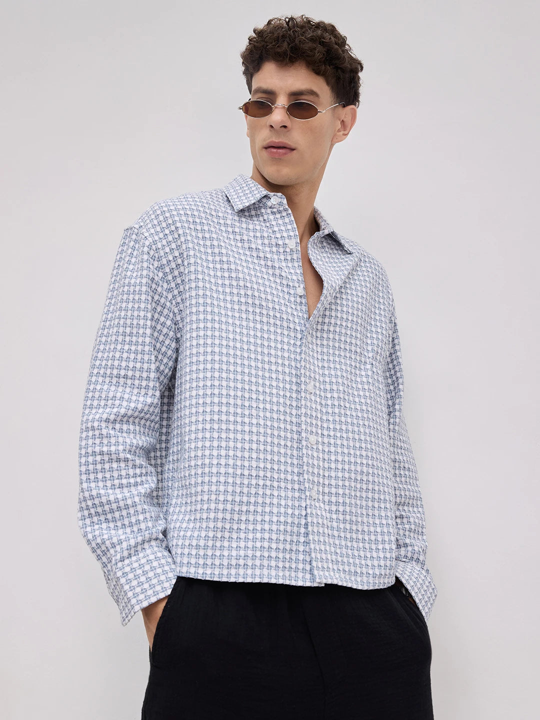 Slate Blue Mosaic Textured Boxy Fit Crop Shirt