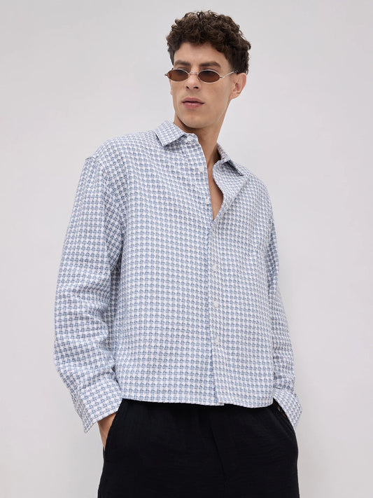 Slate Blue Mosaic Textured Boxy Fit Crop Shirt