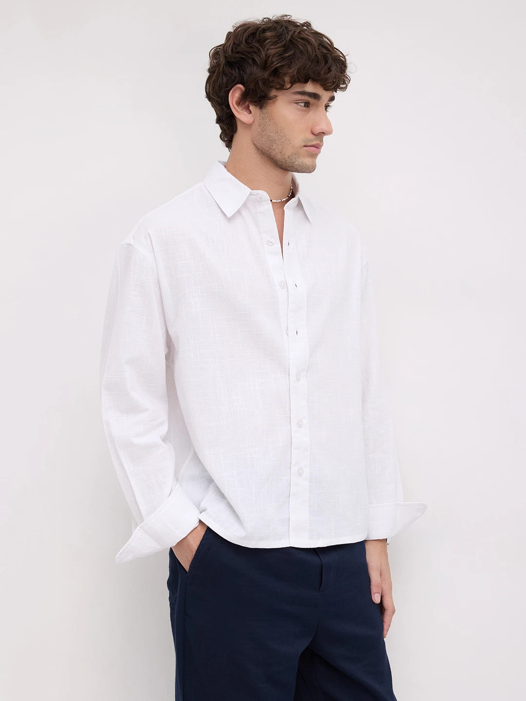 Sheer Snow White Micro Textured Boxy Fit Crop Shirt