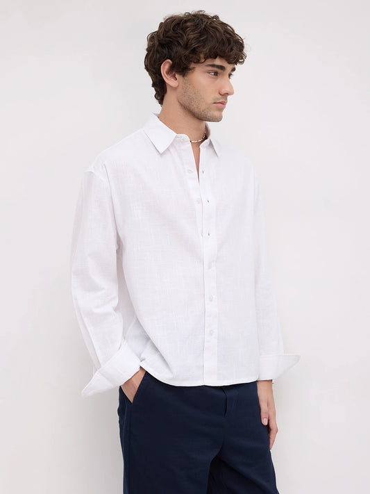 Sheer Snow White Micro Textured Boxy Fit Crop Shirt