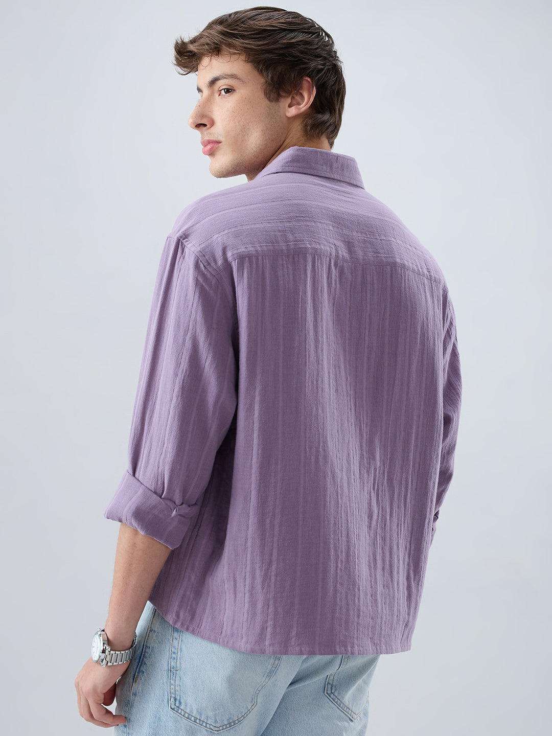 Chinese Violet Double Cloth Striped Boxy Fit Crop Shirt