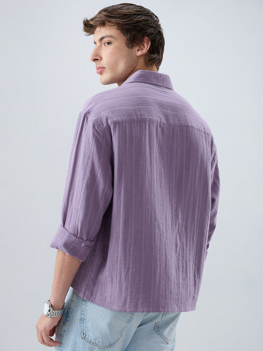 Chinese Violet Double Cloth Striped Boxy Fit Crop Shirt