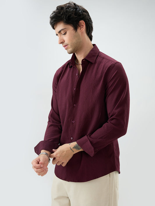 Deep Wine Minimal Weave Crinkled Shirt