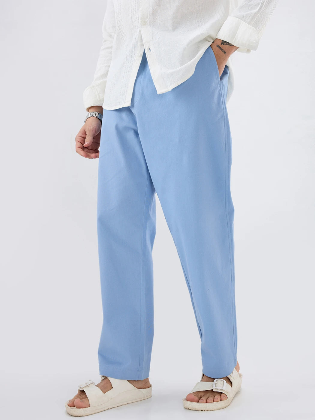 Solid Steel Blue Twill Tapered Trousers