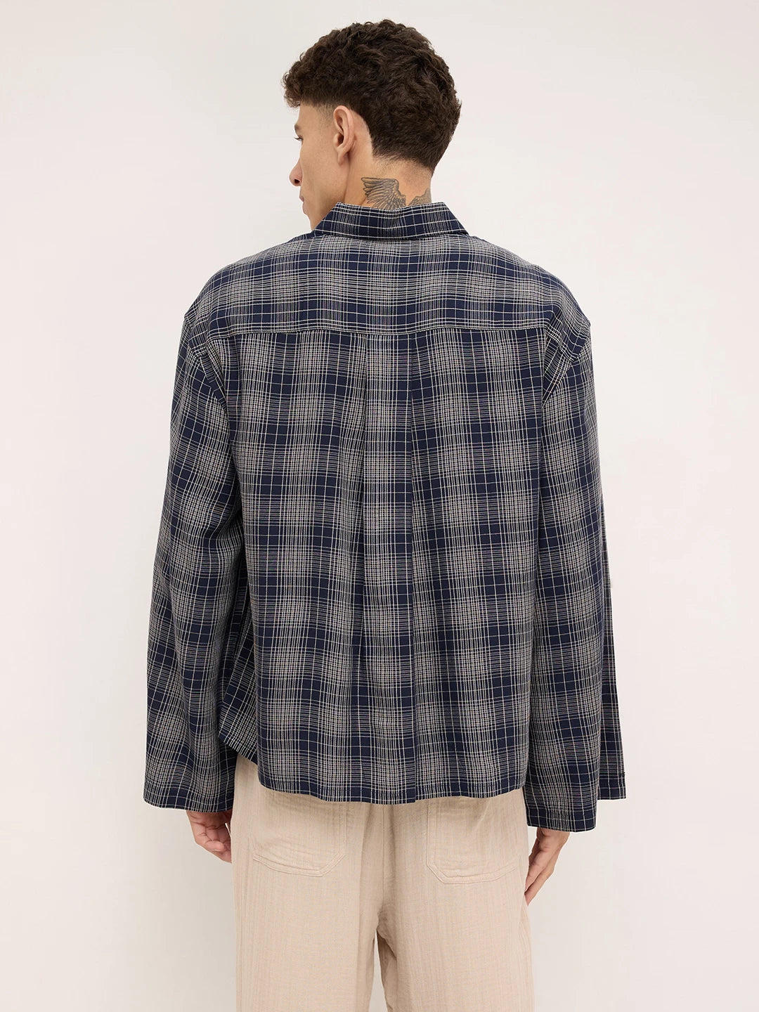 Sovereign Midnight Navy Contrast Checks Cuffless Oversized Crop Shirt
