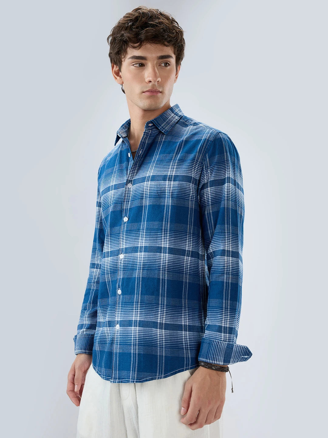 Denim Blue & White Horizontal Stripe Checked Shirt