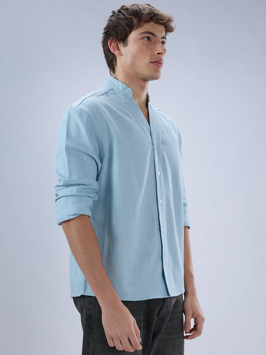 Soft Baby Blue Diagonal Textured Stand Collar Oversized Shirt