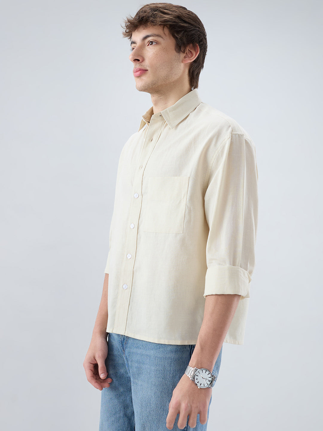 Luxe Off-White Fine Sheer Linen Blend Boxy Fit Crop Shirt